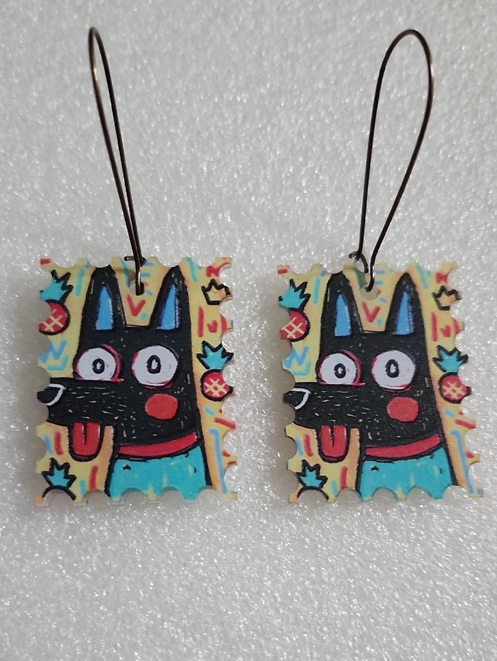 Playful Black Dog Graphic Dangle Earrings - Turquoise & Yellow